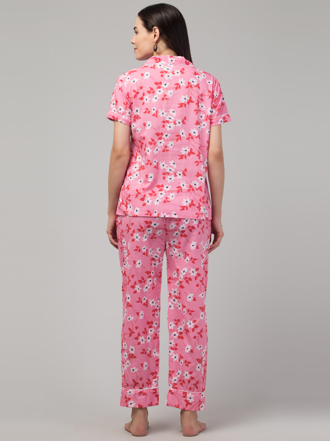Image of CROWN KING GARMENTS Women Floral Print Pink Shirt & Pyjama set