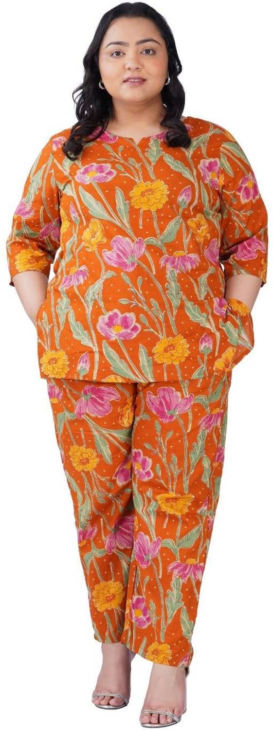 30 Looks Women Printed, Ethnic Motifs Orange Night Suit Set