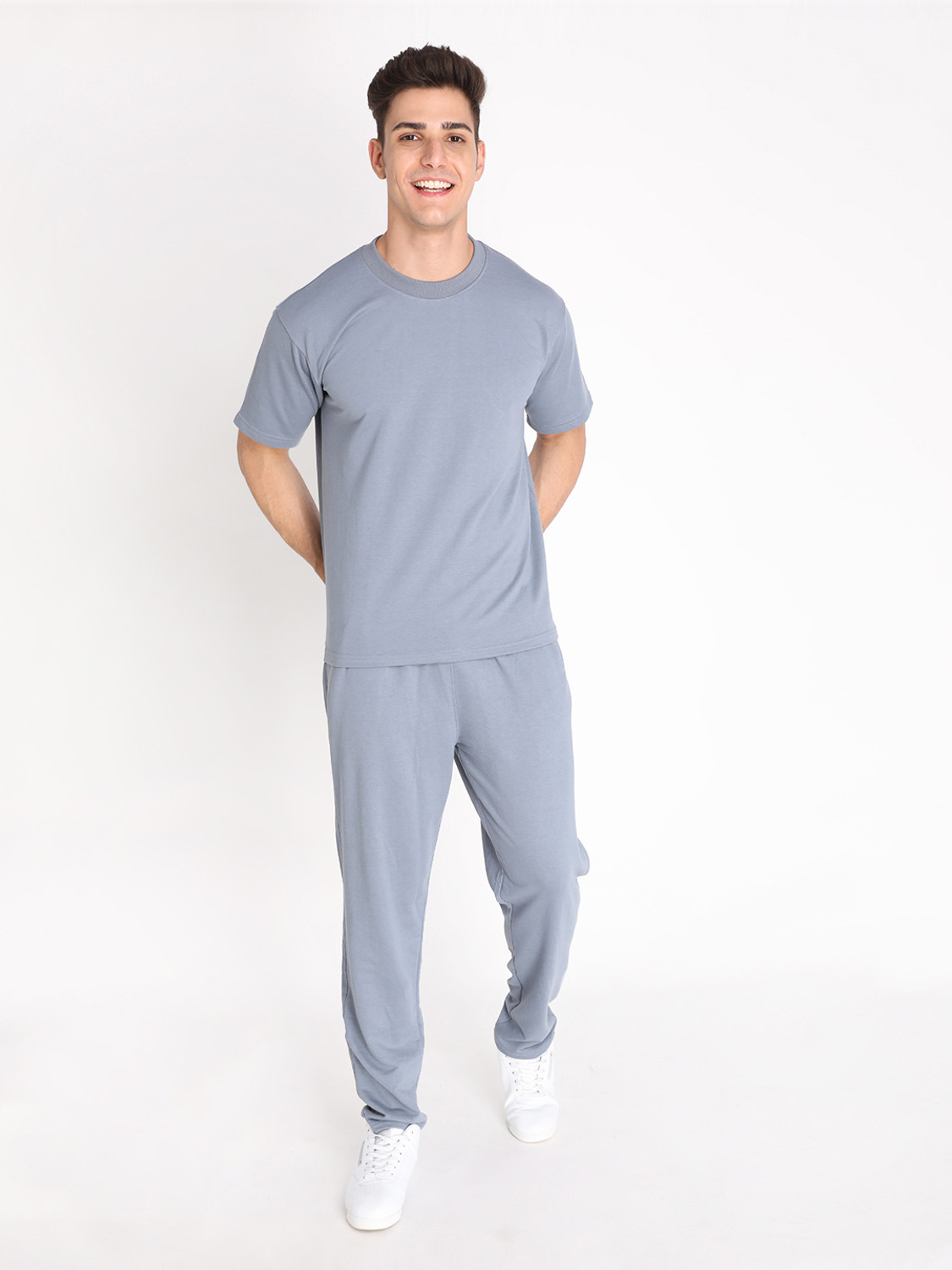 Image of CHKOKKO Men Solid Grey Top & Pyjama Set