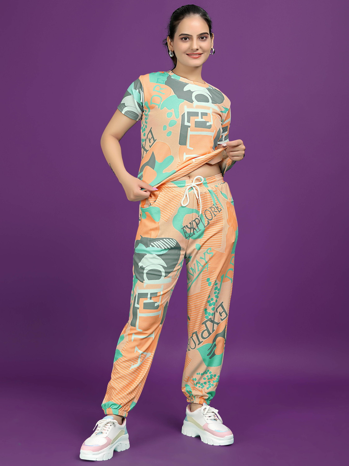 Image of METRONAUT Women Printed, Self Design Multicolor Top & Pyjama Set