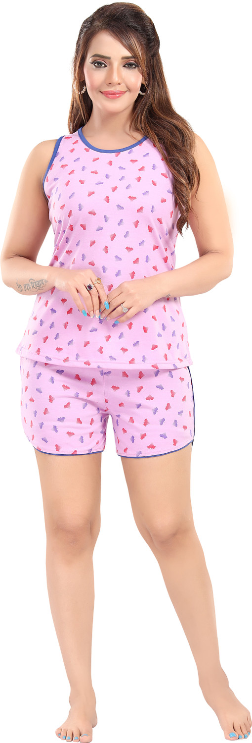 Image of Attempt Women Printed Purple Top & Shorts Set