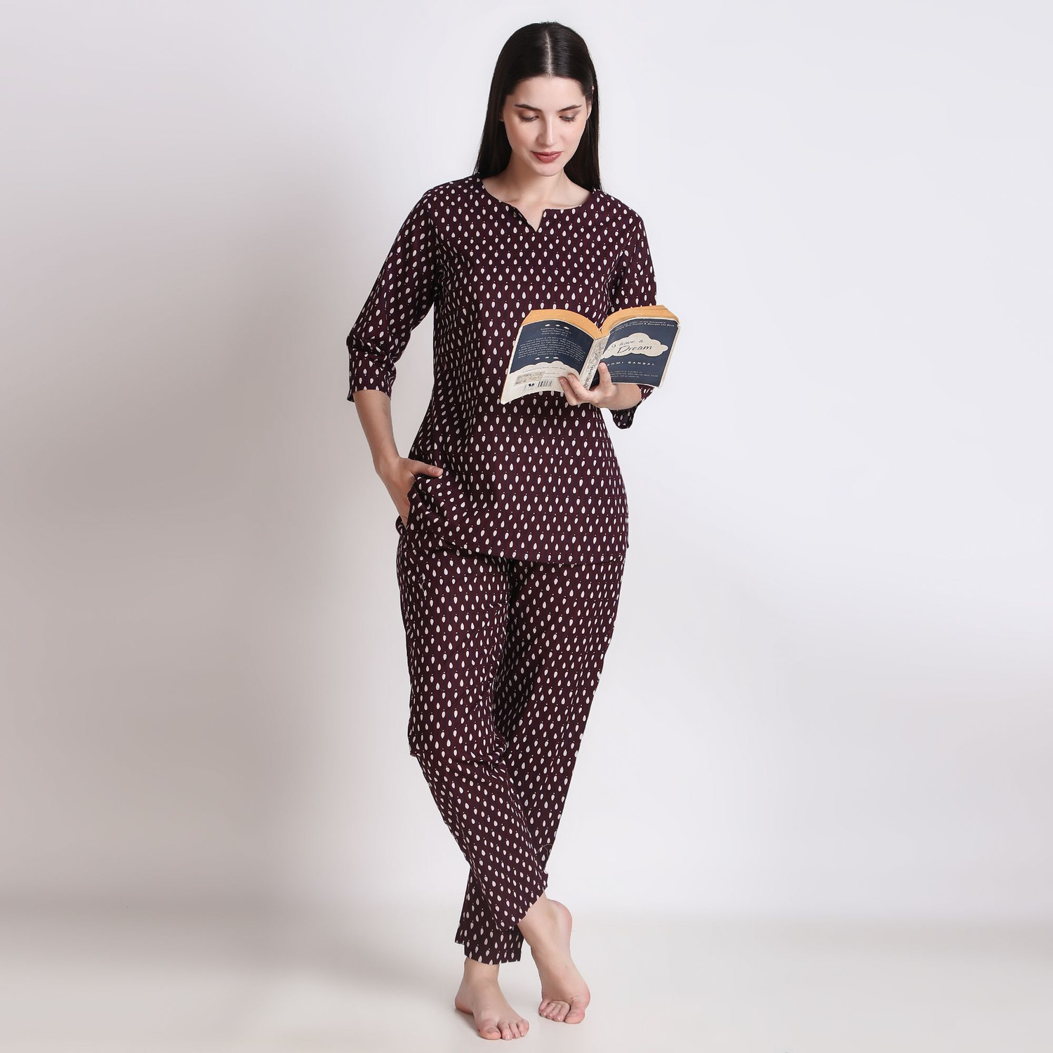 Image of DreamBe Women Printed Maroon Night Suit Set