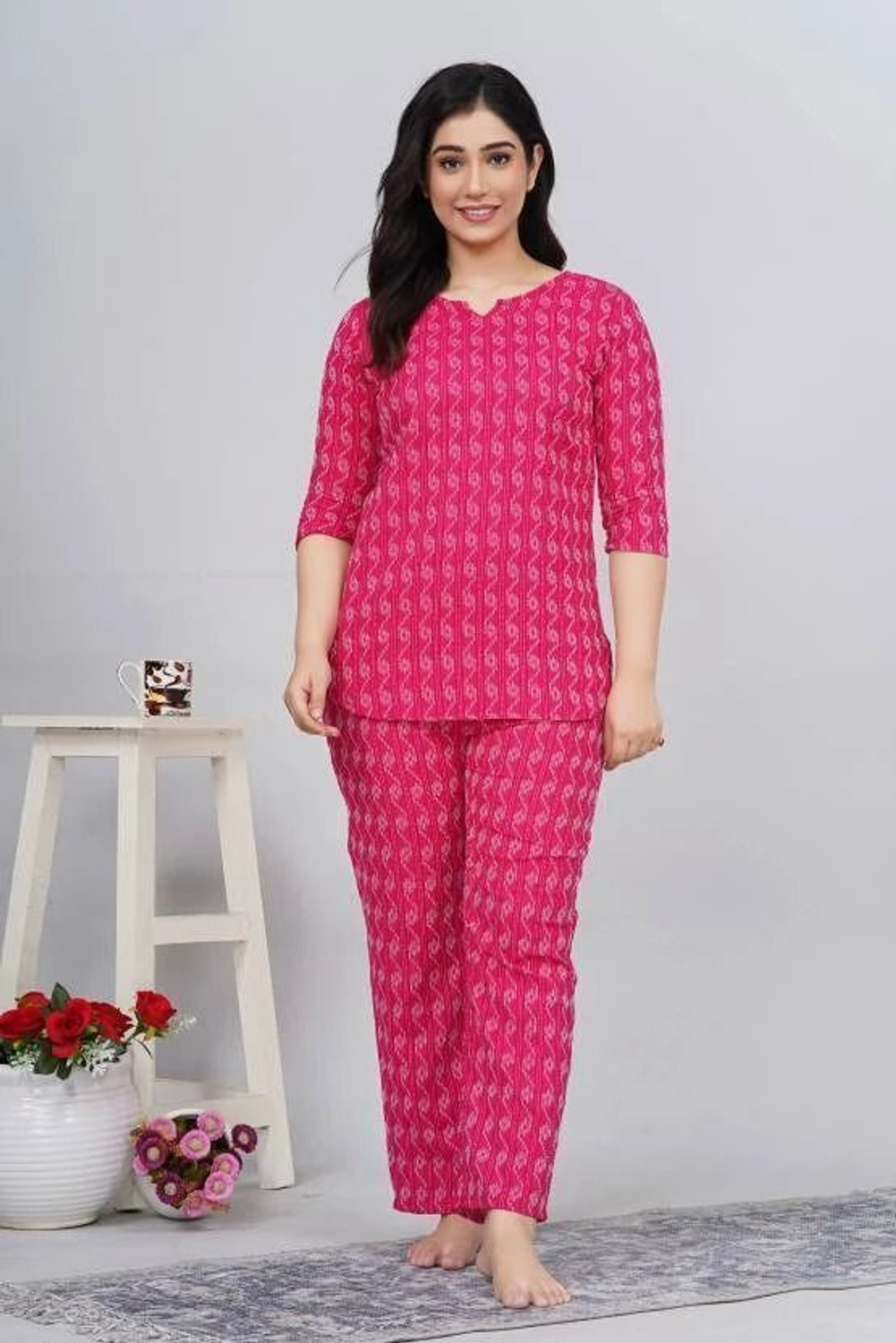 Image of MAMTA TEXTILE Women Printed Pink Night Suit Set