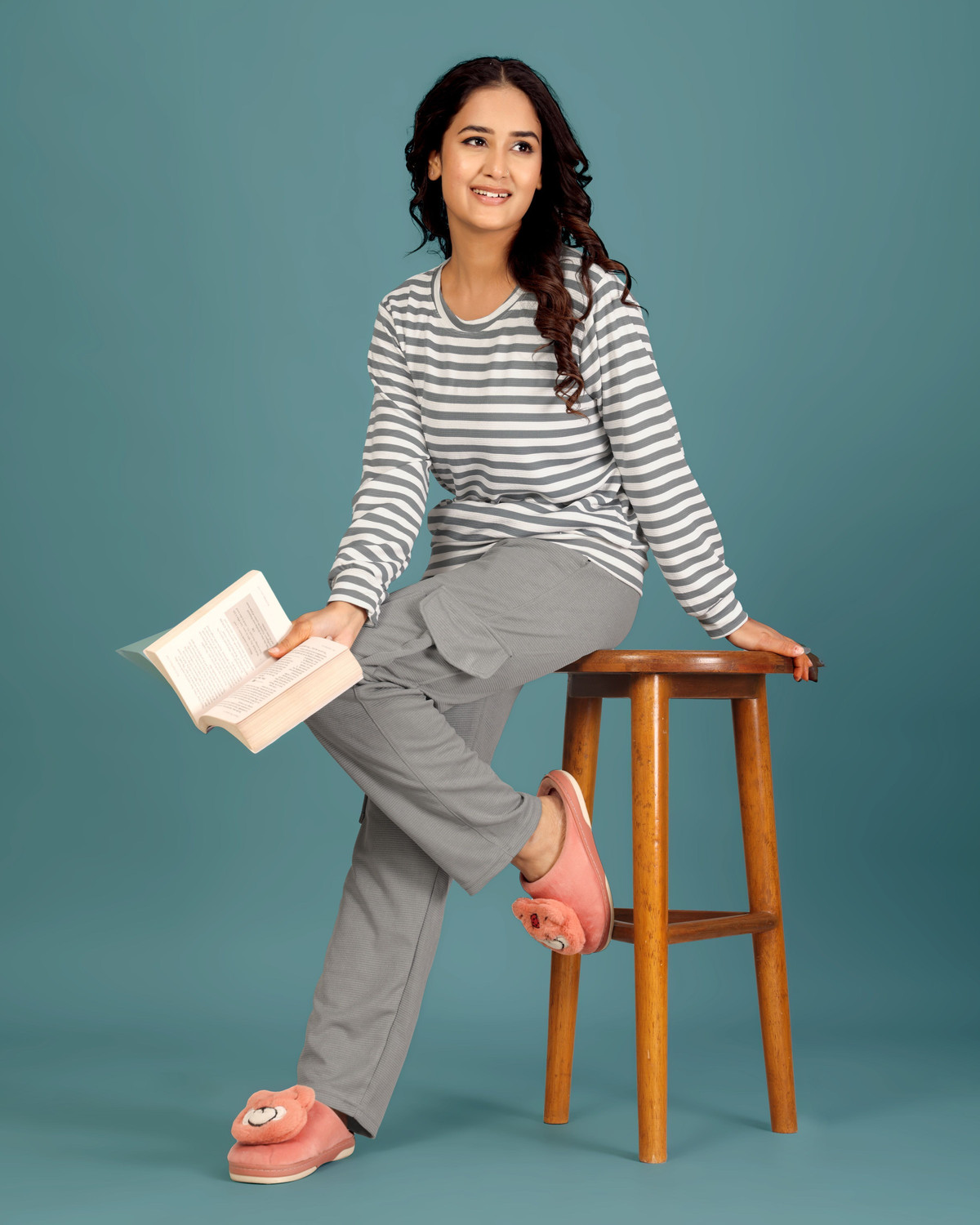 Image of SAKARMAA Women Striped, Solid Grey Top & Pyjama Set