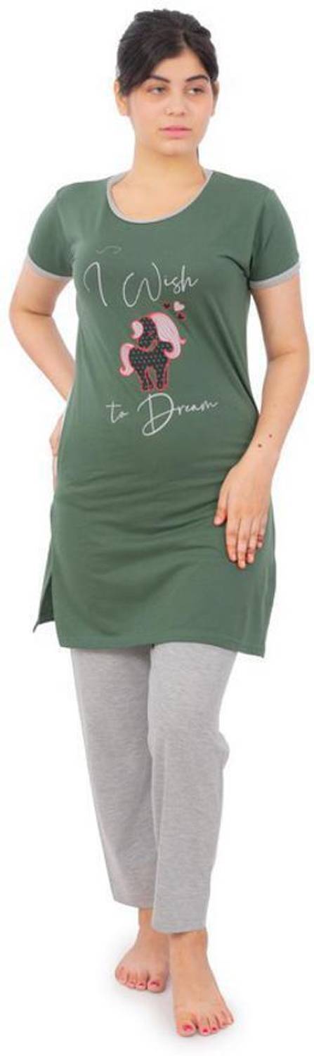 Bliss Bell Women Printed Dark Green Top & Pyjama Set