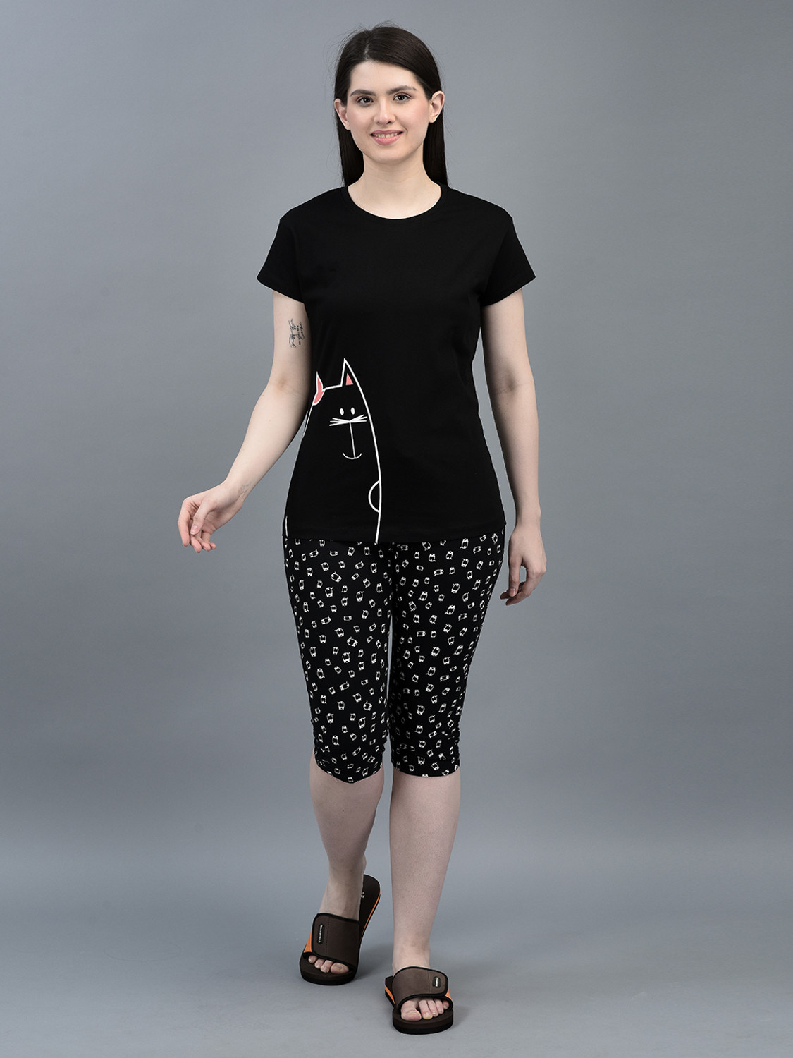 Image of Dollar Missy Women Graphic Print, Solid Black Night Suit Set