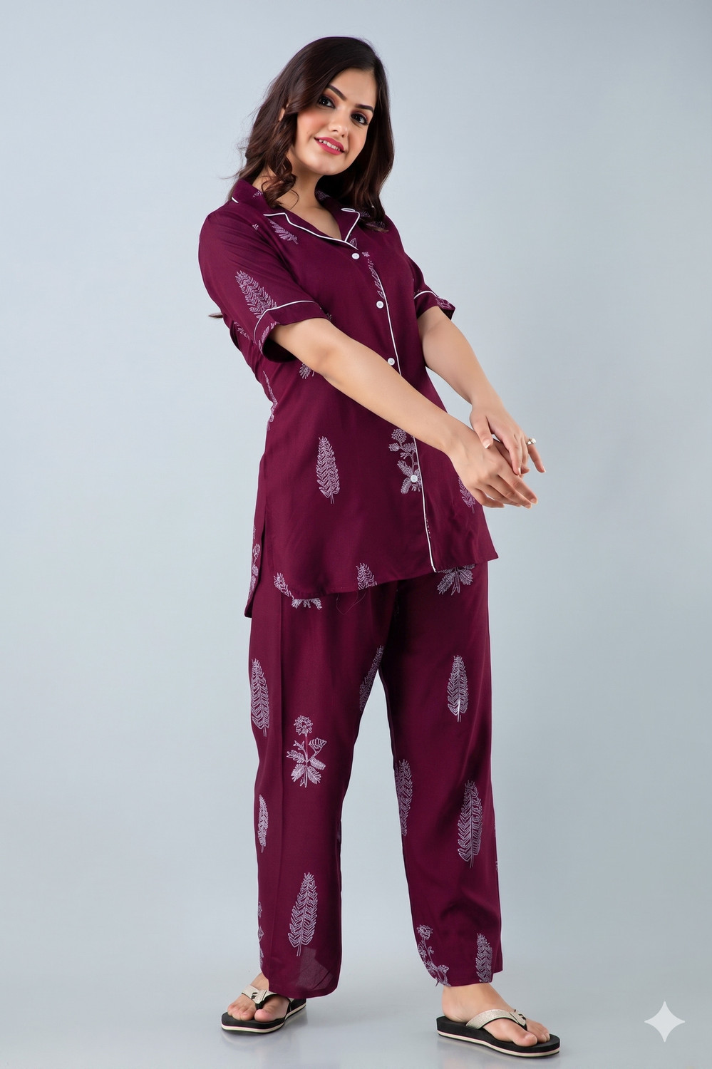 Image of TRINABH Women Printed Purple Shirt & Pyjama set