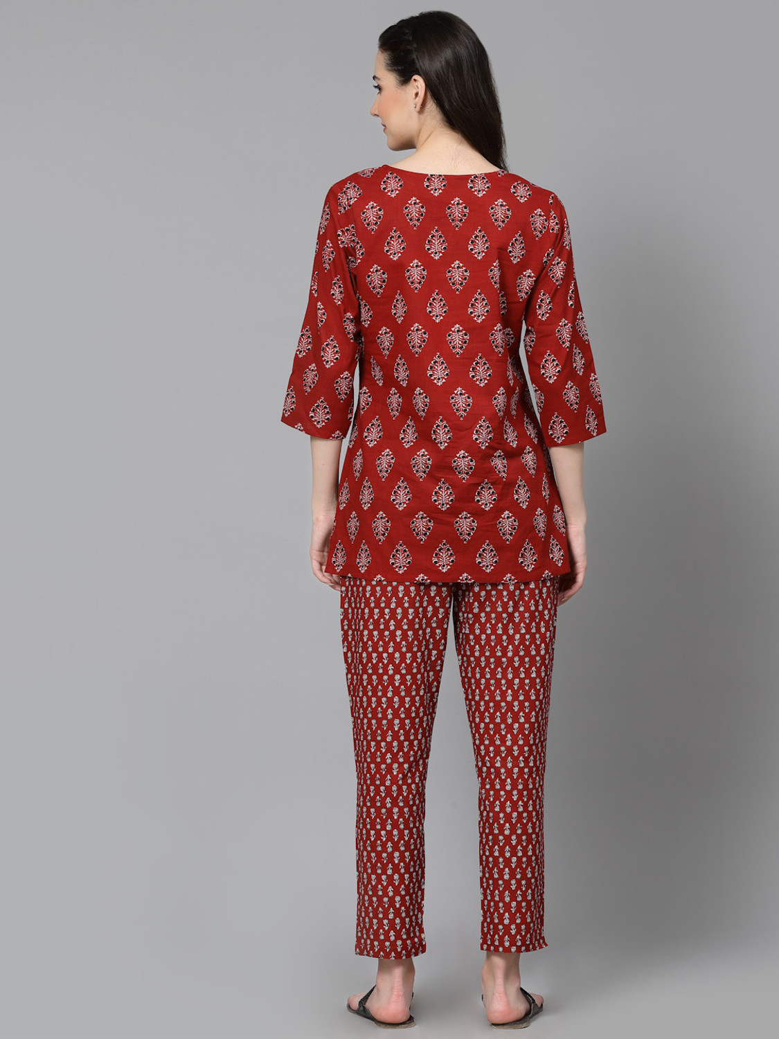 Image of his&her Women Top & Pyjama Set Maroon Printed