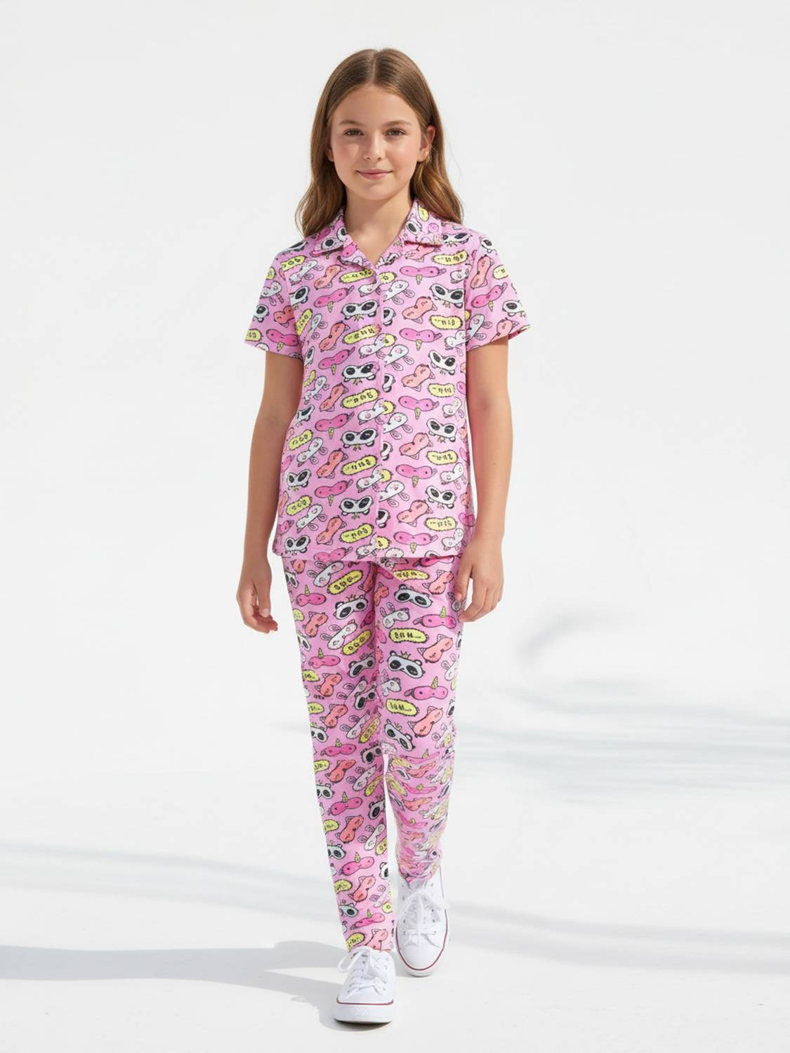 AATWANIS Girls Characters, Conversational, Printed Pink Shirt & Pyjama set