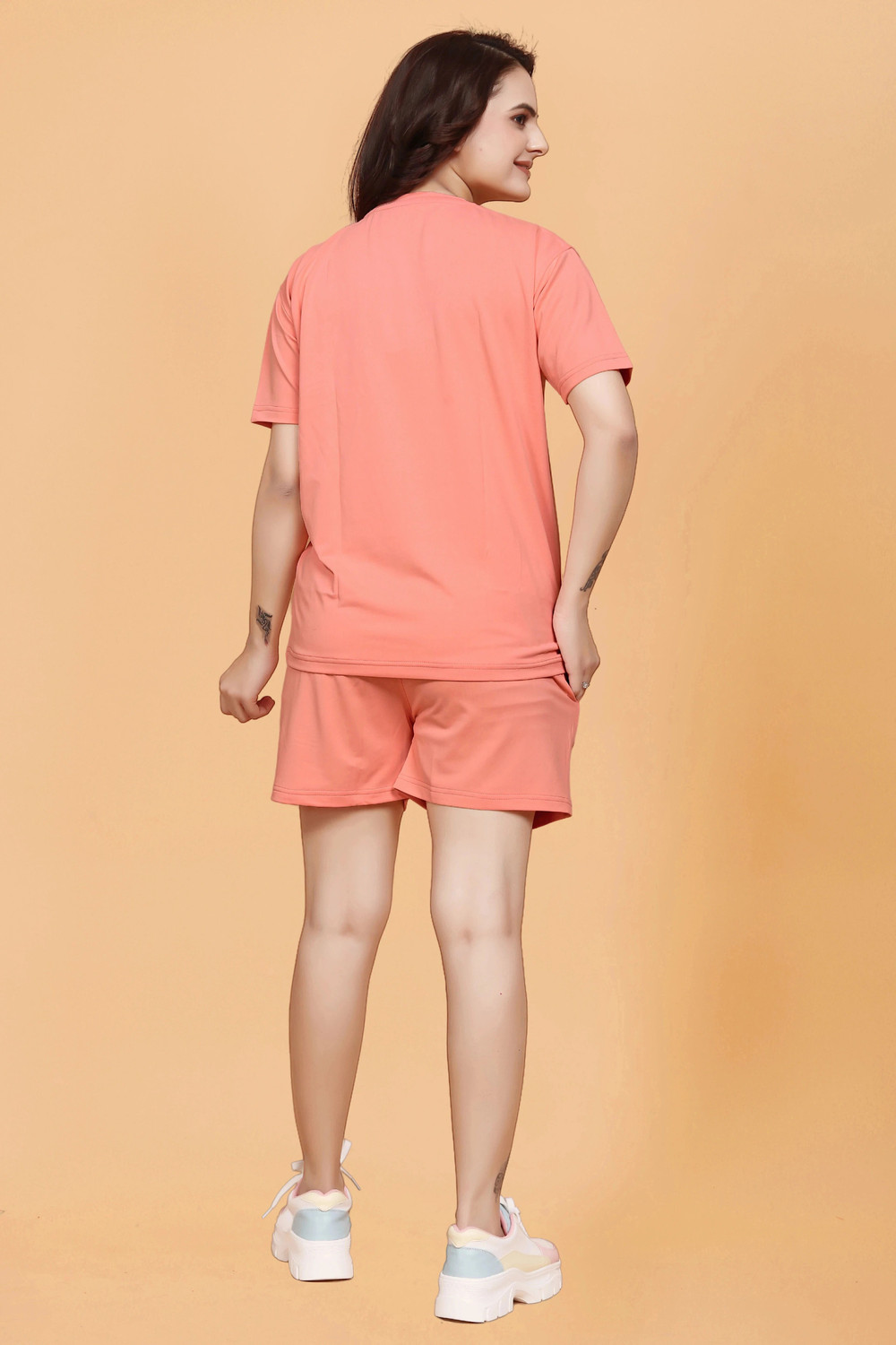 Image of KUNA SILK MILL Women Self Design Orange Top & Shorts Set