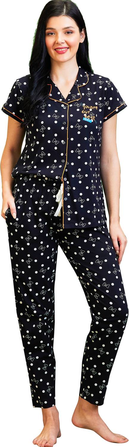 AV2 Women Polka Print Black Top & Pyjama Set