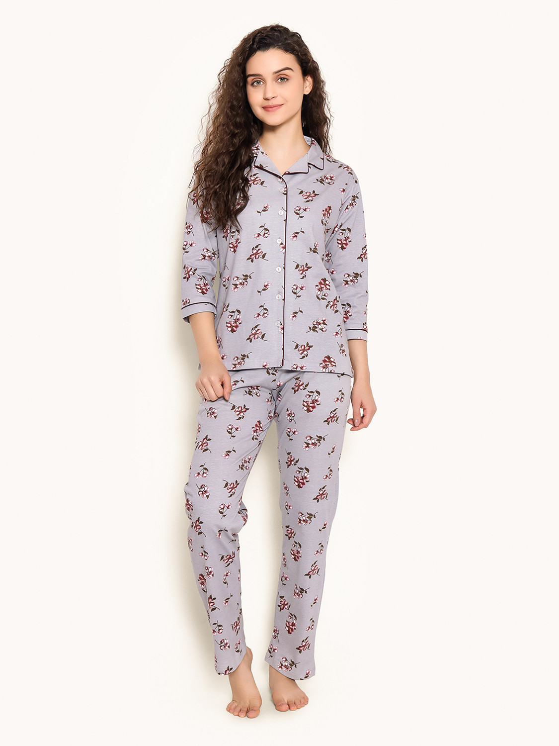 Image of Clovia Women Floral Print Grey Shirt & Pyjama set
