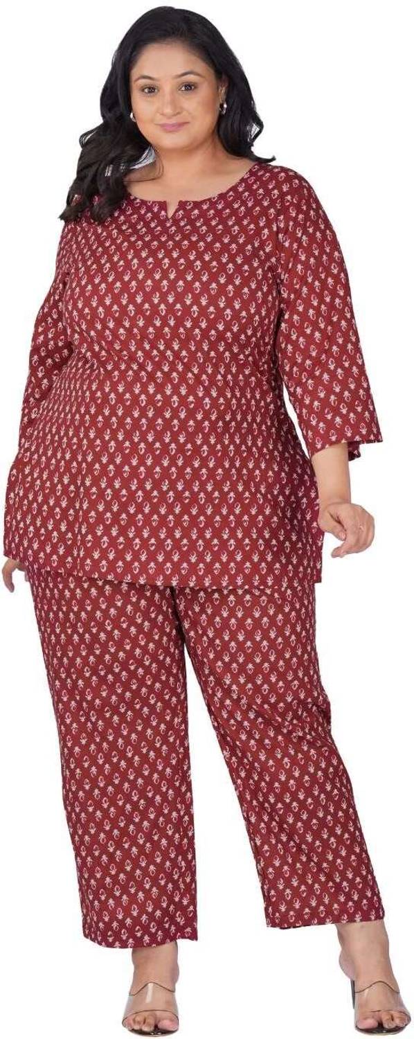 30 Looks Women Printed, Ethnic Motifs Maroon Night Suit Set