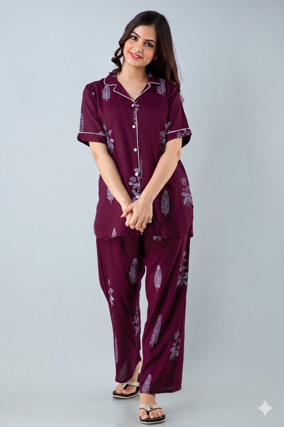 Image of TRINABH Women Printed Purple Shirt & Pyjama set