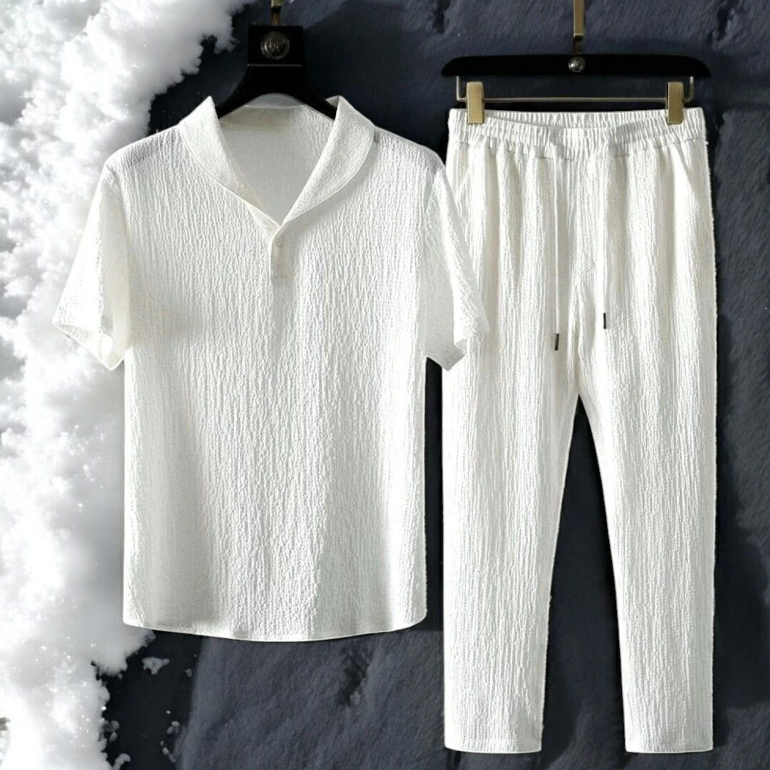 Image of GC FAB Men Self Design White Night Suit Set