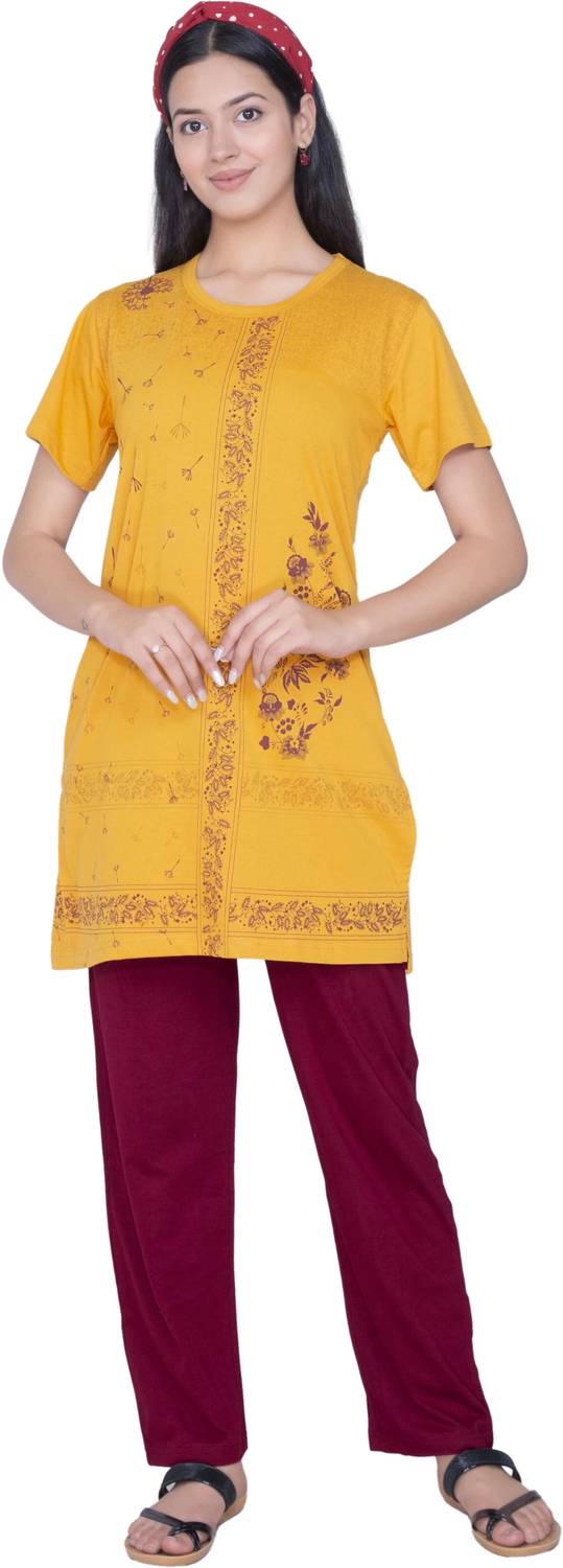 AWIBE Women Printed Yellow Top & Pyjama Set