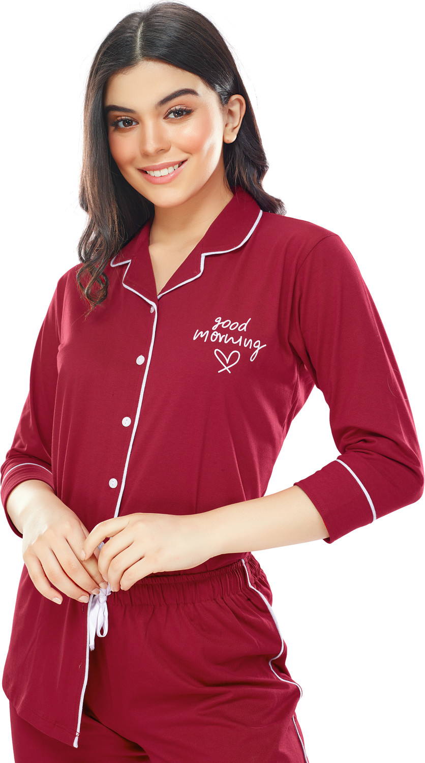 Image of ZEYO Women Solid Red Shirt & Pyjama set