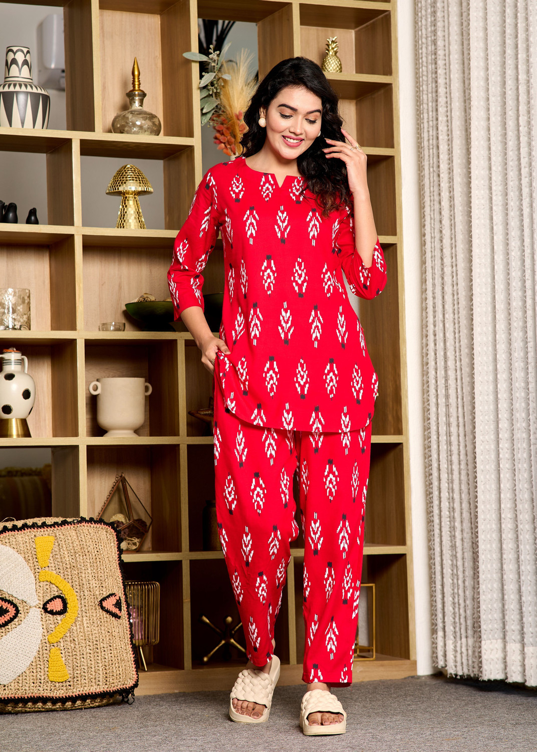 Image of Miss Rekha Women Printed Red Night Suit Set