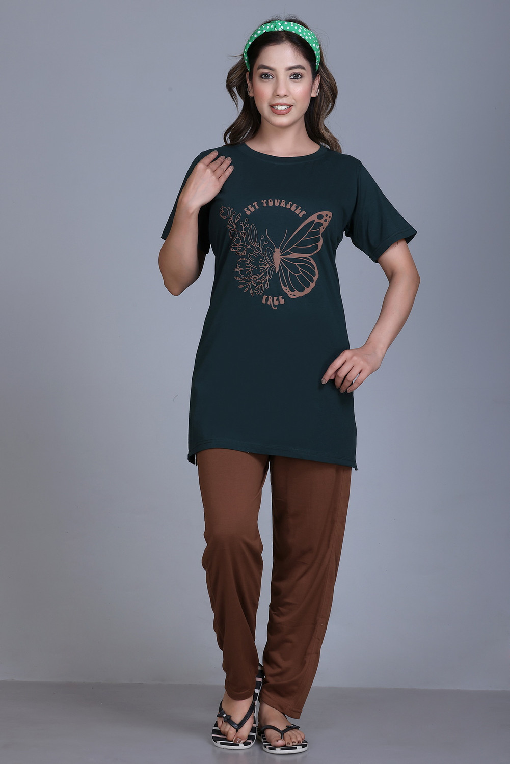 Image of Slobros Women Printed Dark Green, Brown Night Suit Set