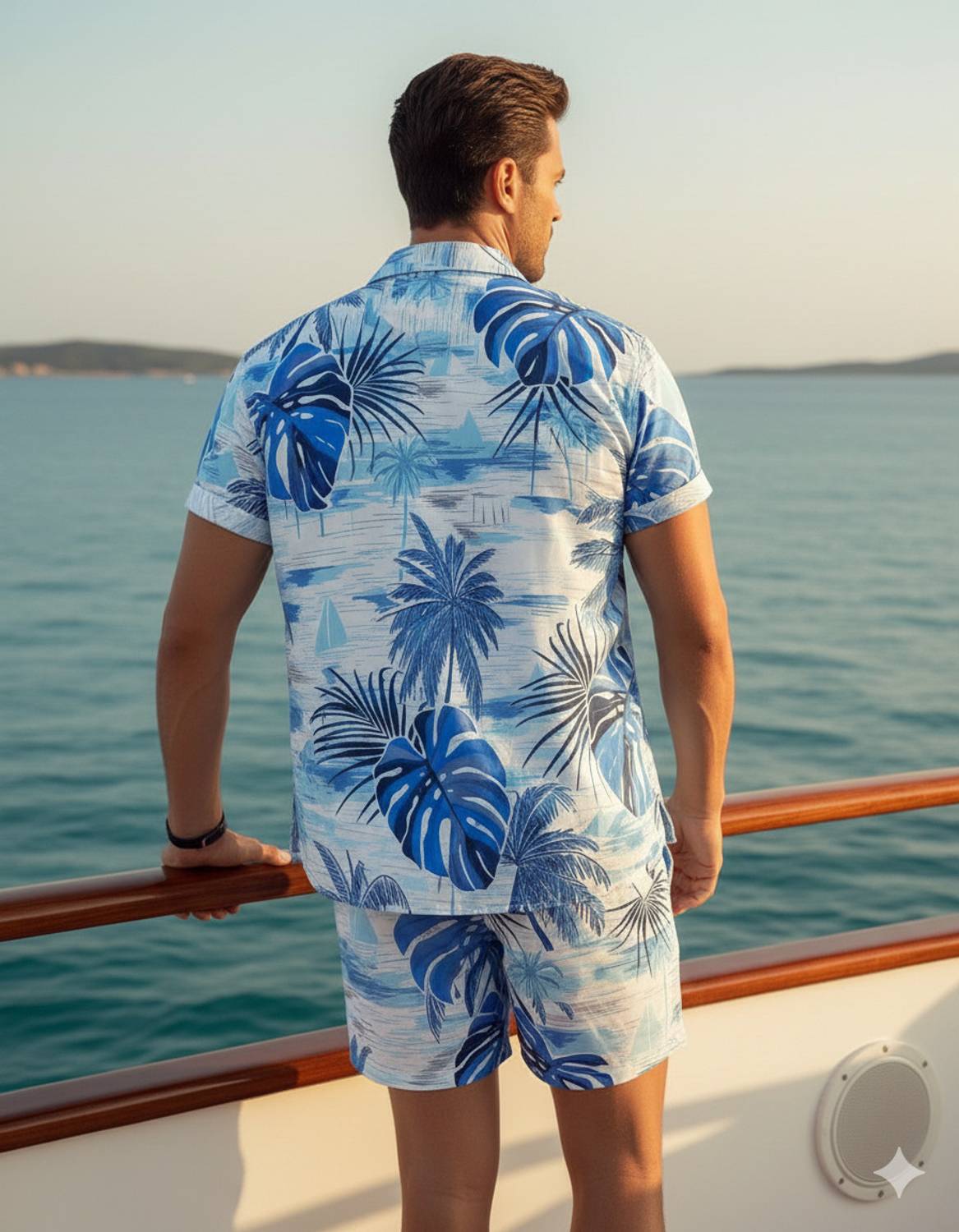 Byaara Men Printed Blue, White Top & Shorts Set