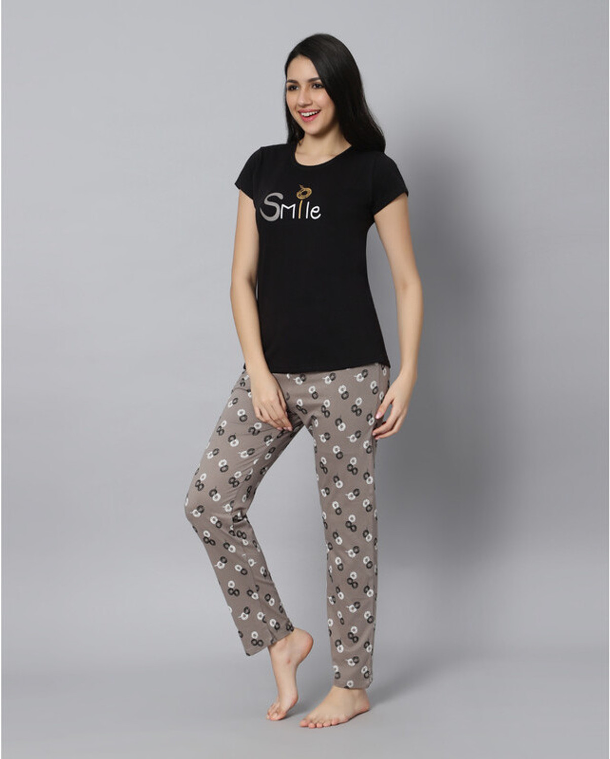 Image of DZZO Women Top & Pyjama Set Black, Grey Printed