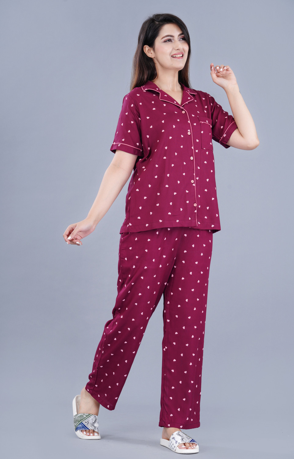 Image of MintMarie Women Printed Maroon Shirt & Pyjama set