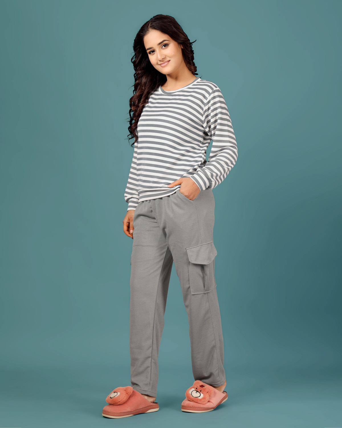 Image of SAKARMAA Women Striped, Solid Grey Top & Pyjama Set