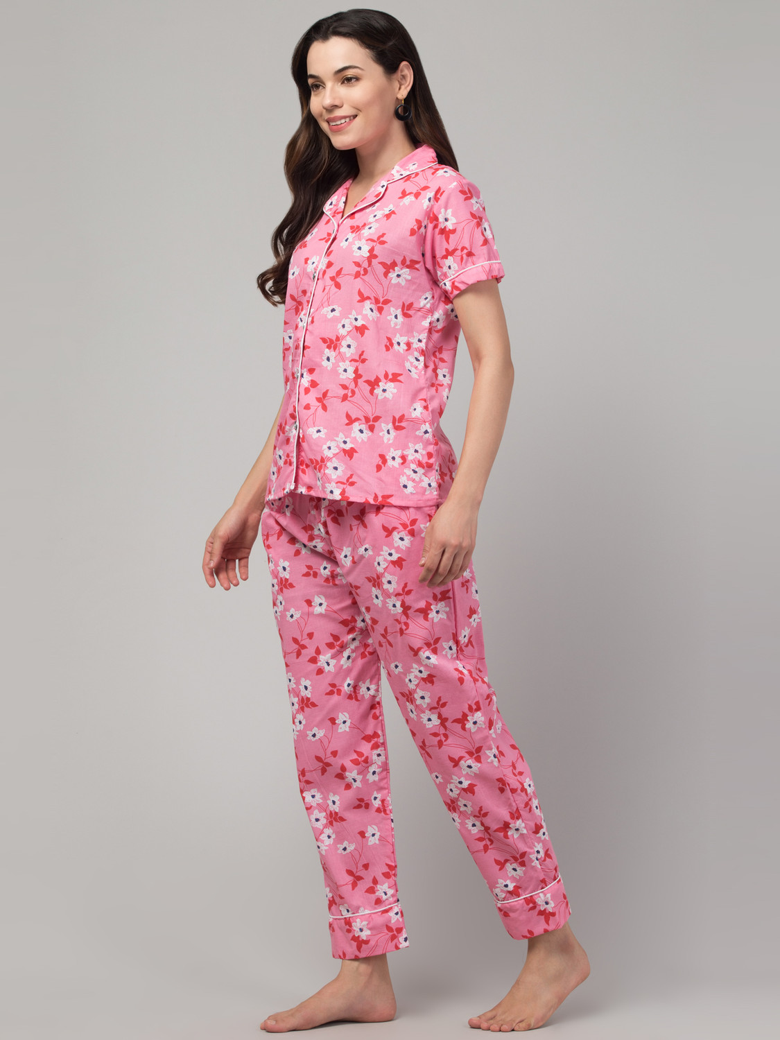 Image of CROWN KING GARMENTS Women Floral Print Pink Shirt & Pyjama set