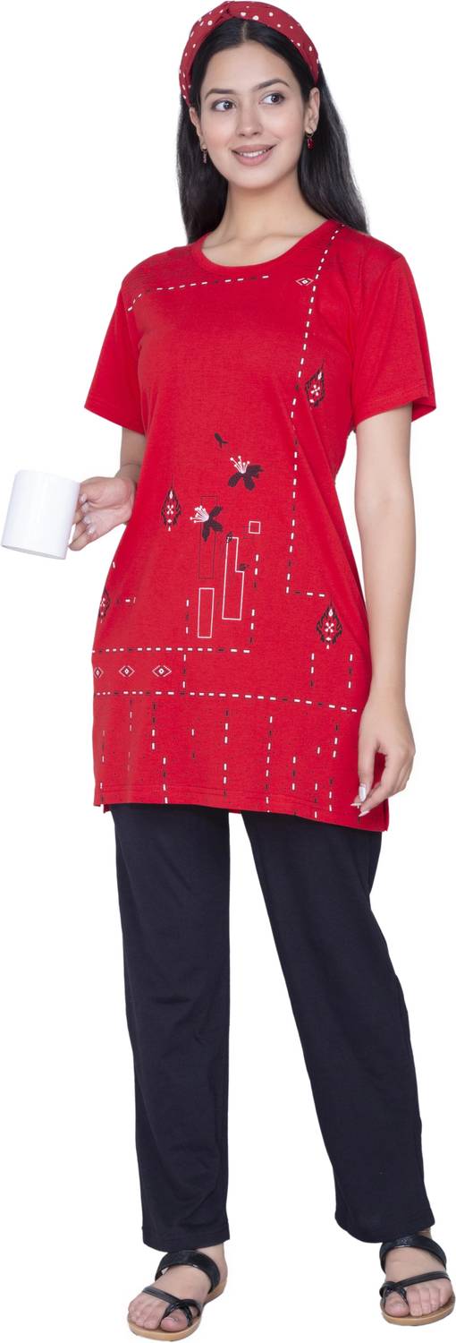 AWIBE Women Printed Red Top & Pyjama Set