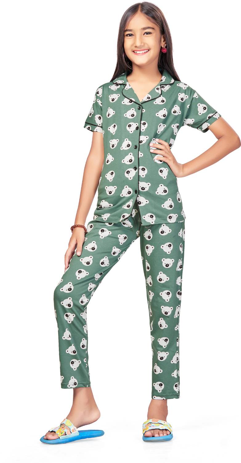 Bloem Girls Self Design Green Shirt & Pyjama set