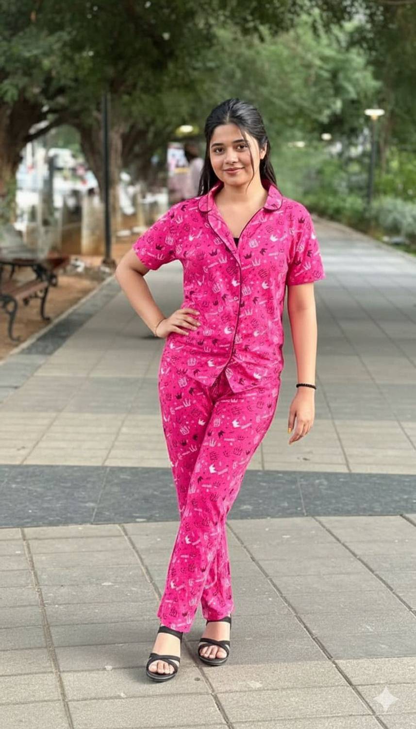 Aeronyx Women Graphic Print Pink Night Suit Set