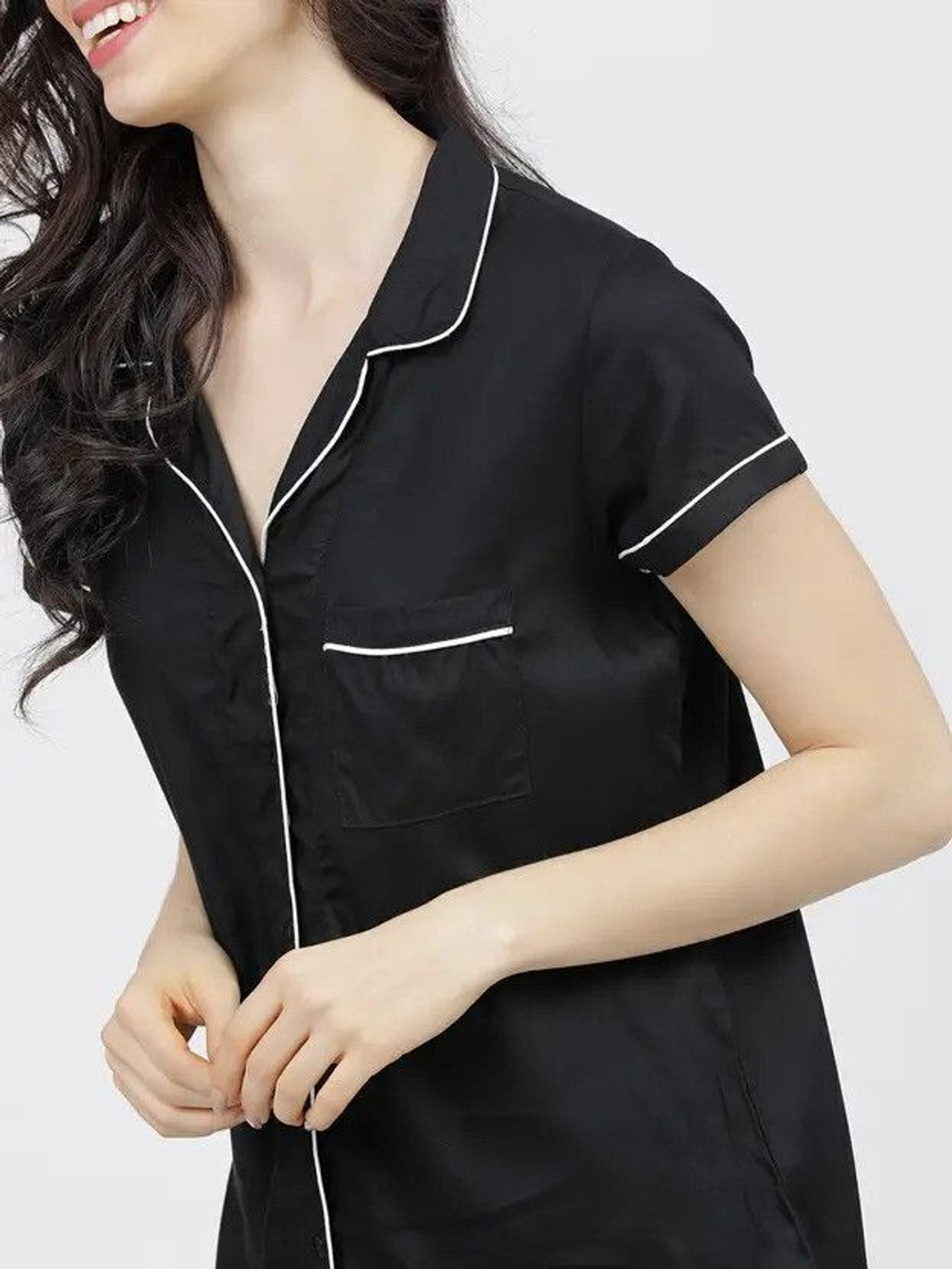 Image of GORDHAN Women Solid Black Shirt & Pyjama set
