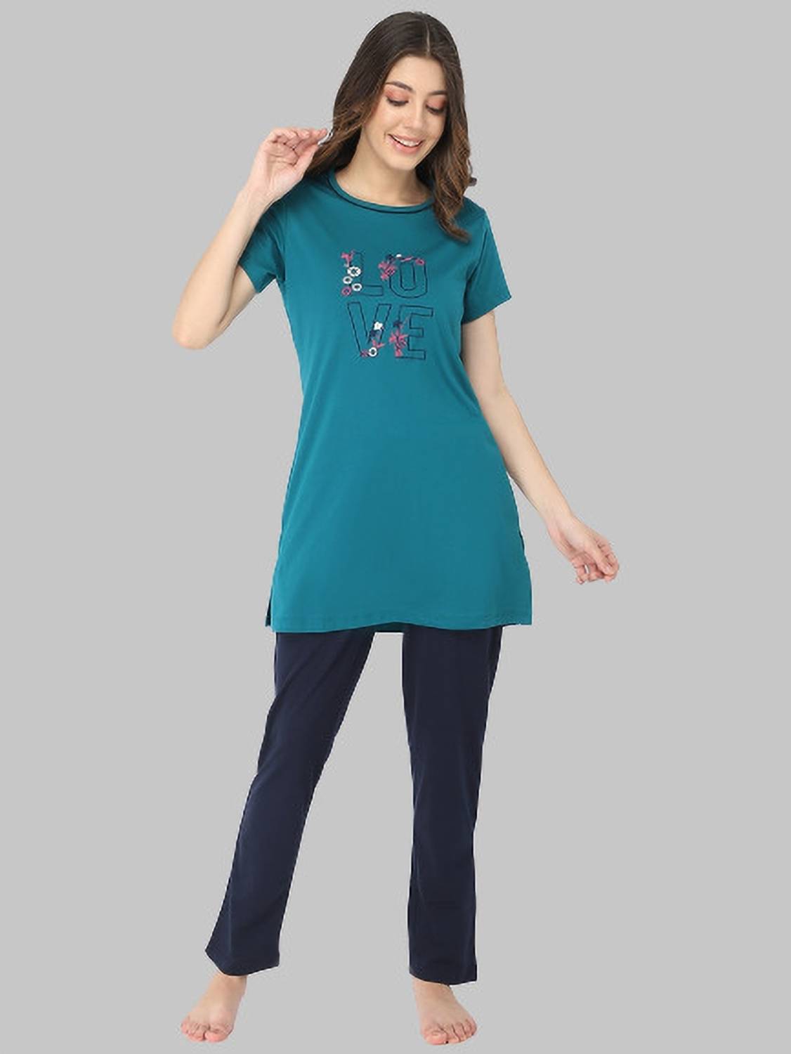 Looper Women Printed Green Night Suit Set