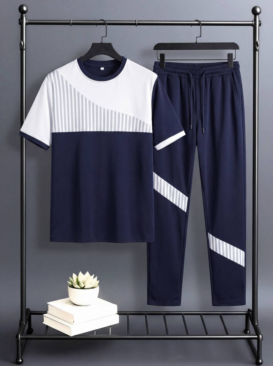BRUSEANT Men Striped Blue Night Suit Set