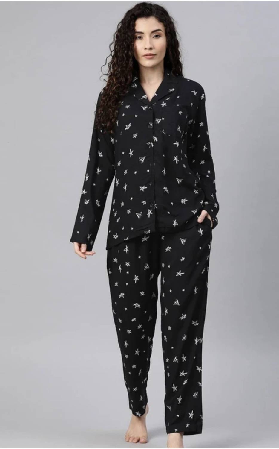 AK FUSION Women Printed Black Night Suit Set
