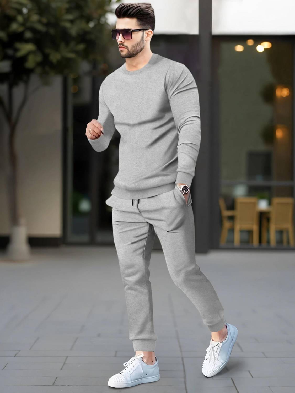 BLIVE Men Solid Grey Night Suit Set