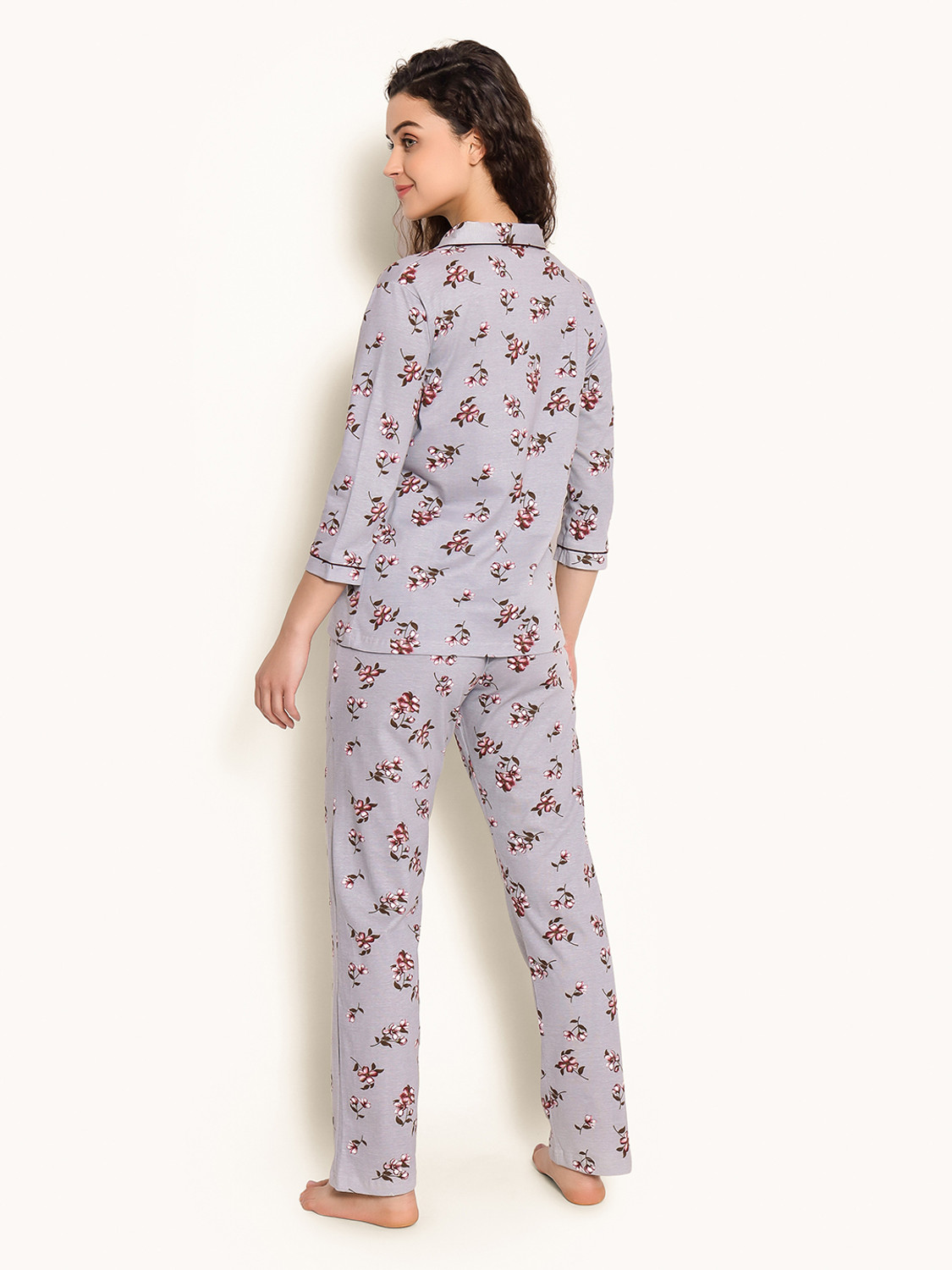 Image of Clovia Women Floral Print Grey Shirt & Pyjama set