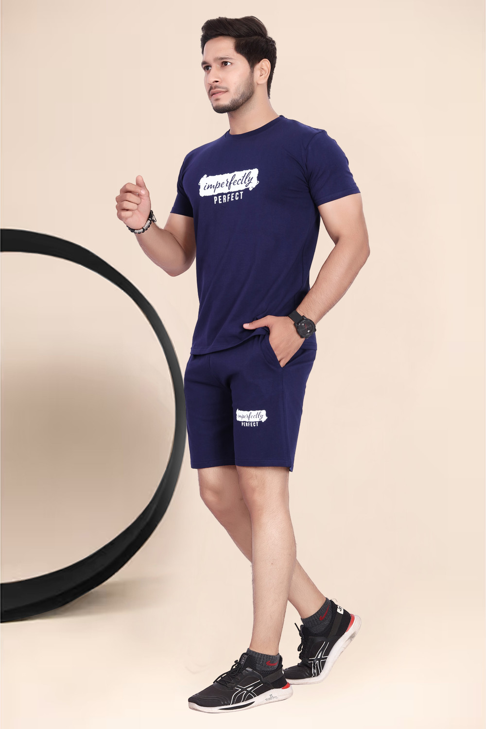 Image of DivRa Clothing Men Top & Shorts Set Blue Graphic Print