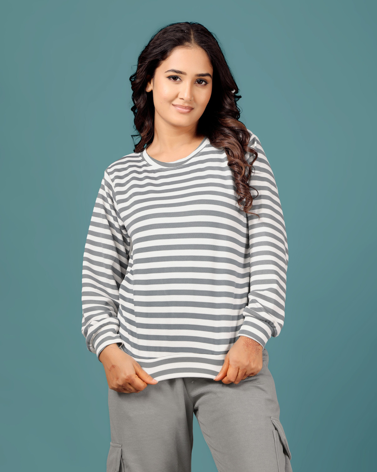 Image of SAKARMAA Women Striped, Solid Grey Top & Pyjama Set