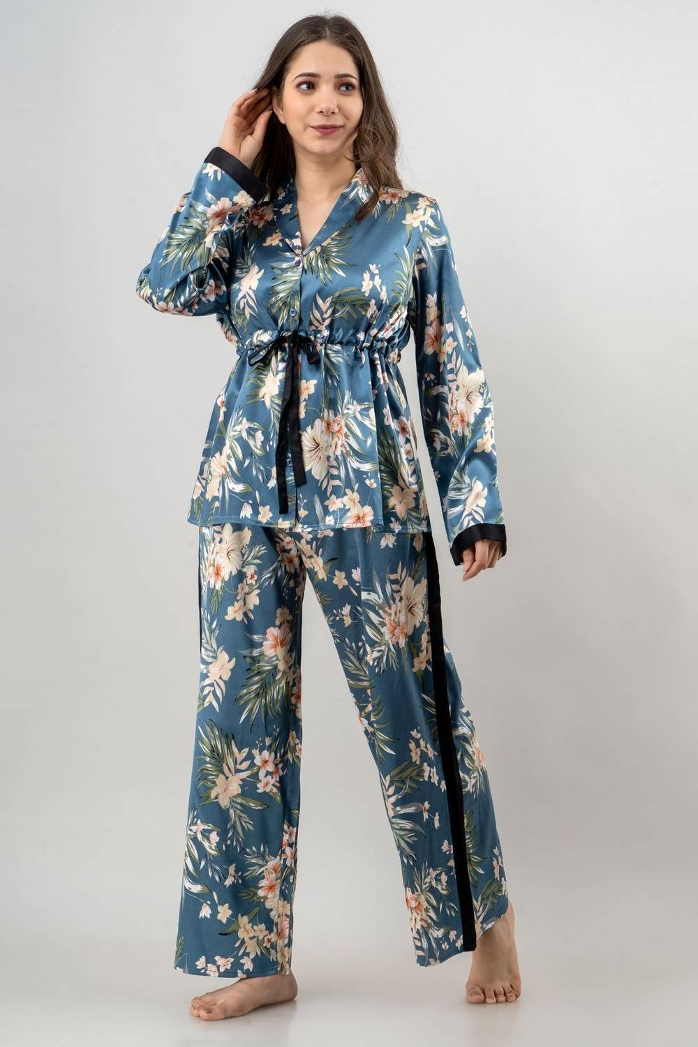 ADRIANA Women Floral Print Blue Shirt & Pyjama set