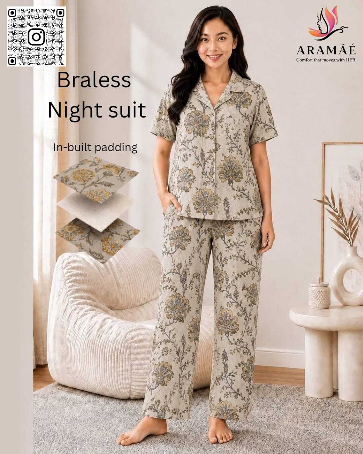 Image of aramae braless night wear Women Floral Print Beige Night Suit Set