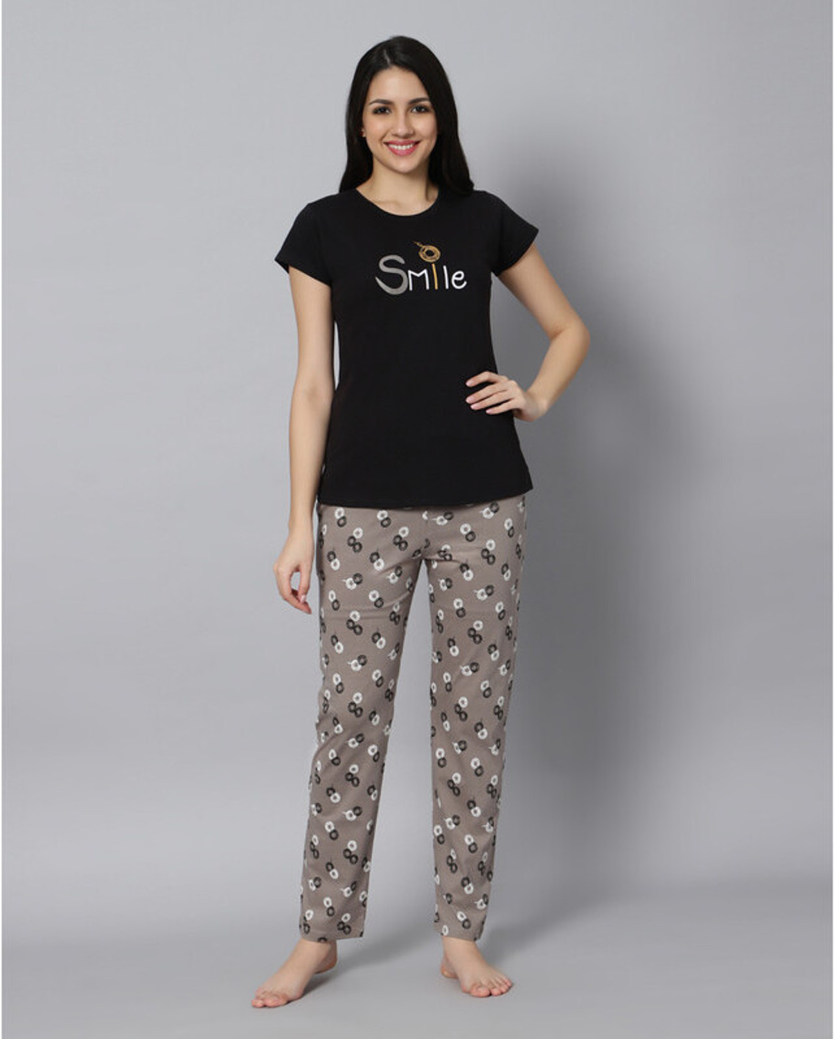 Image of DZZO Women Top & Pyjama Set Black, Grey Printed
