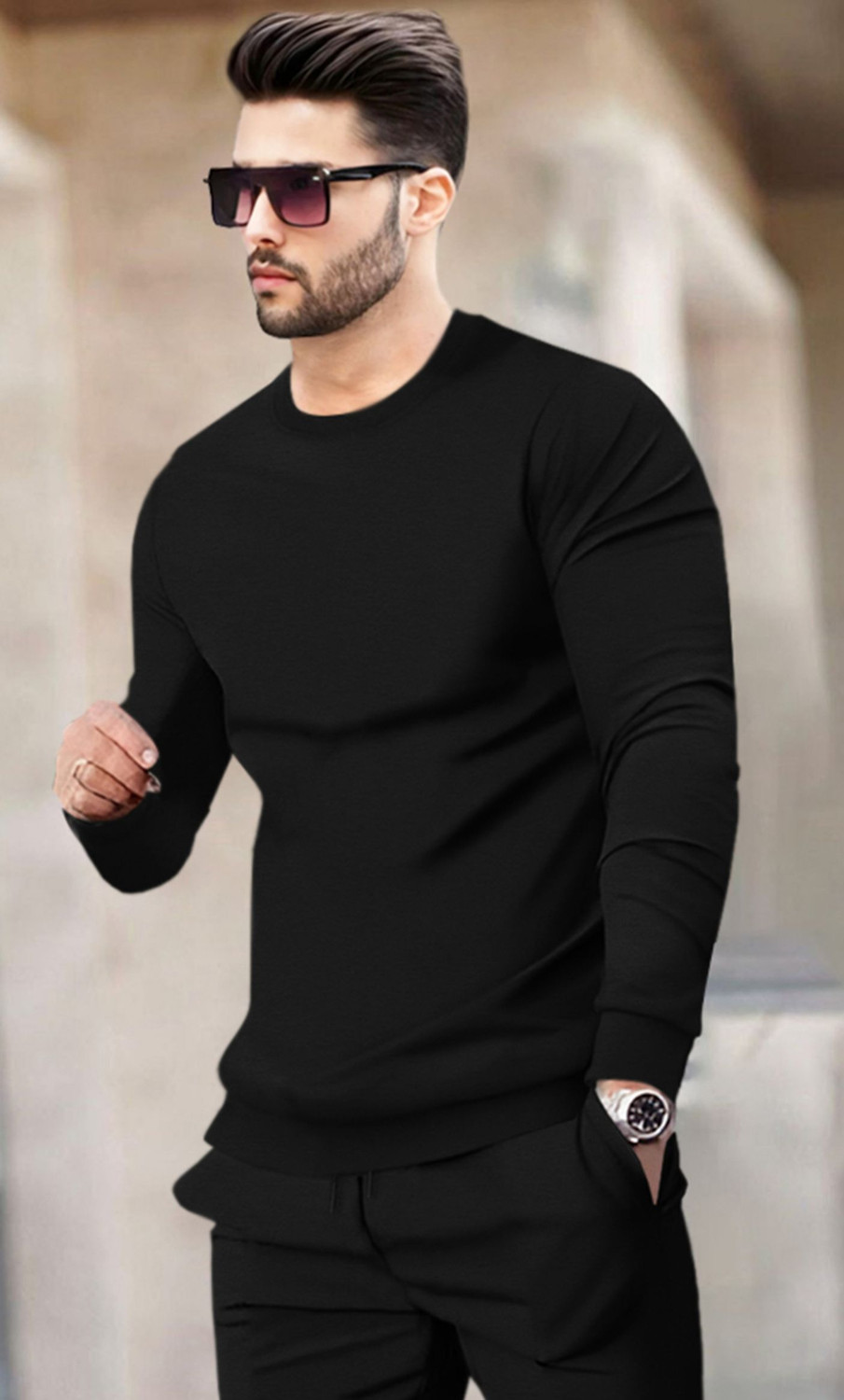 Image of BLIVE Men Solid Black Night Suit Set