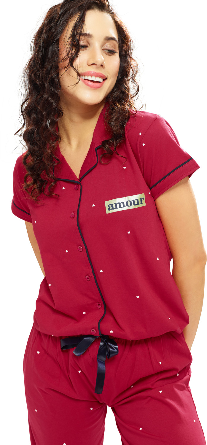 Image of LOTIK Women Shirt & Pyjama set Maroon Printed