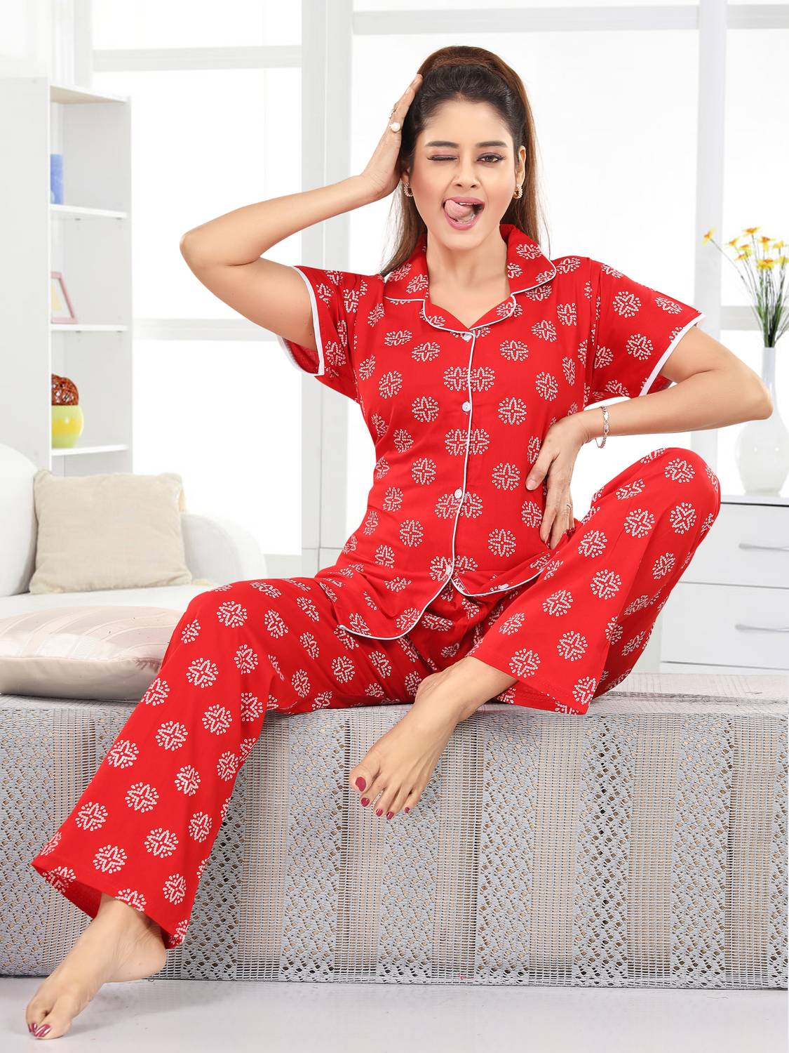 Babesa Women Printed Red Shirt & Pyjama set