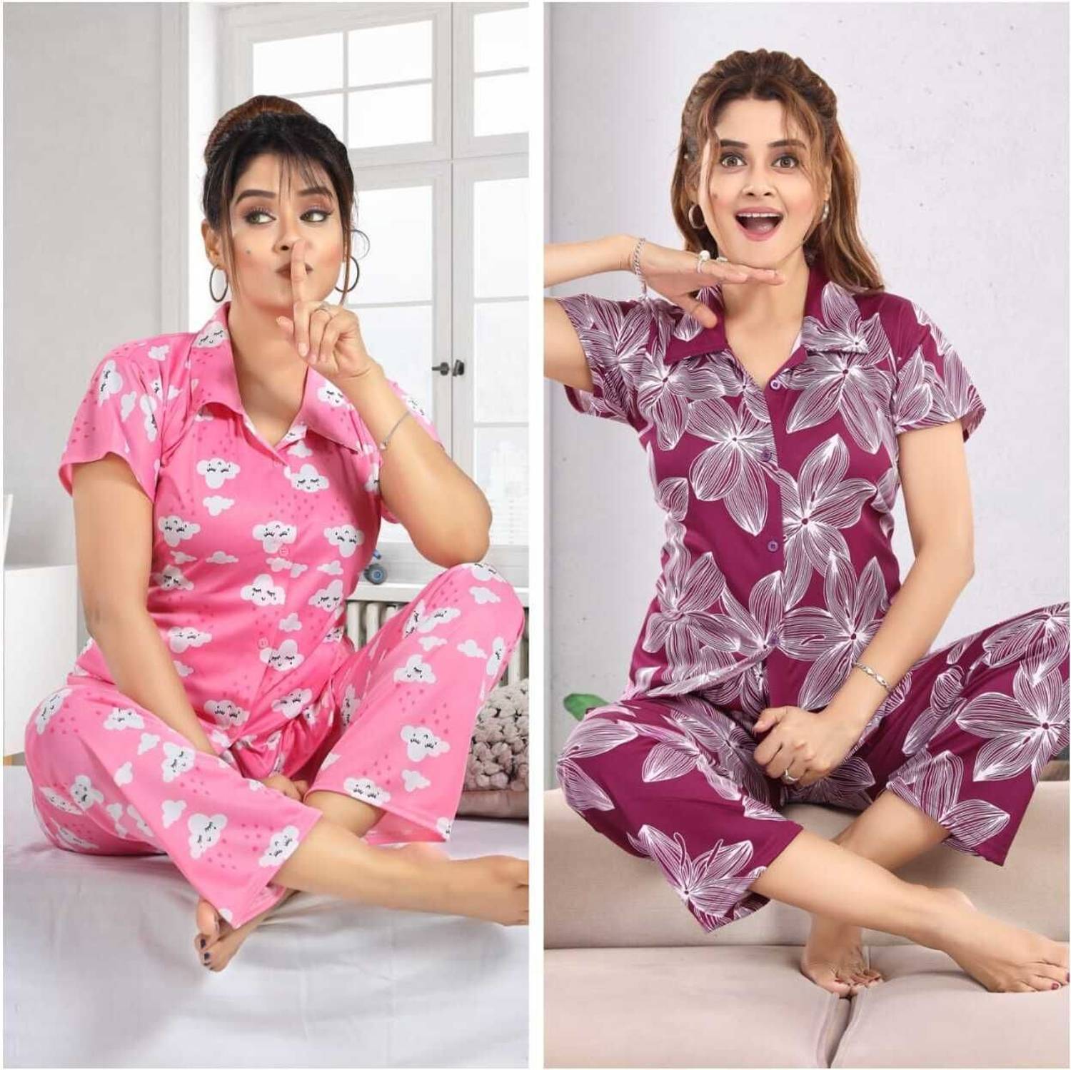 capasino Women Printed Multicolor Shirt & Pyjama set