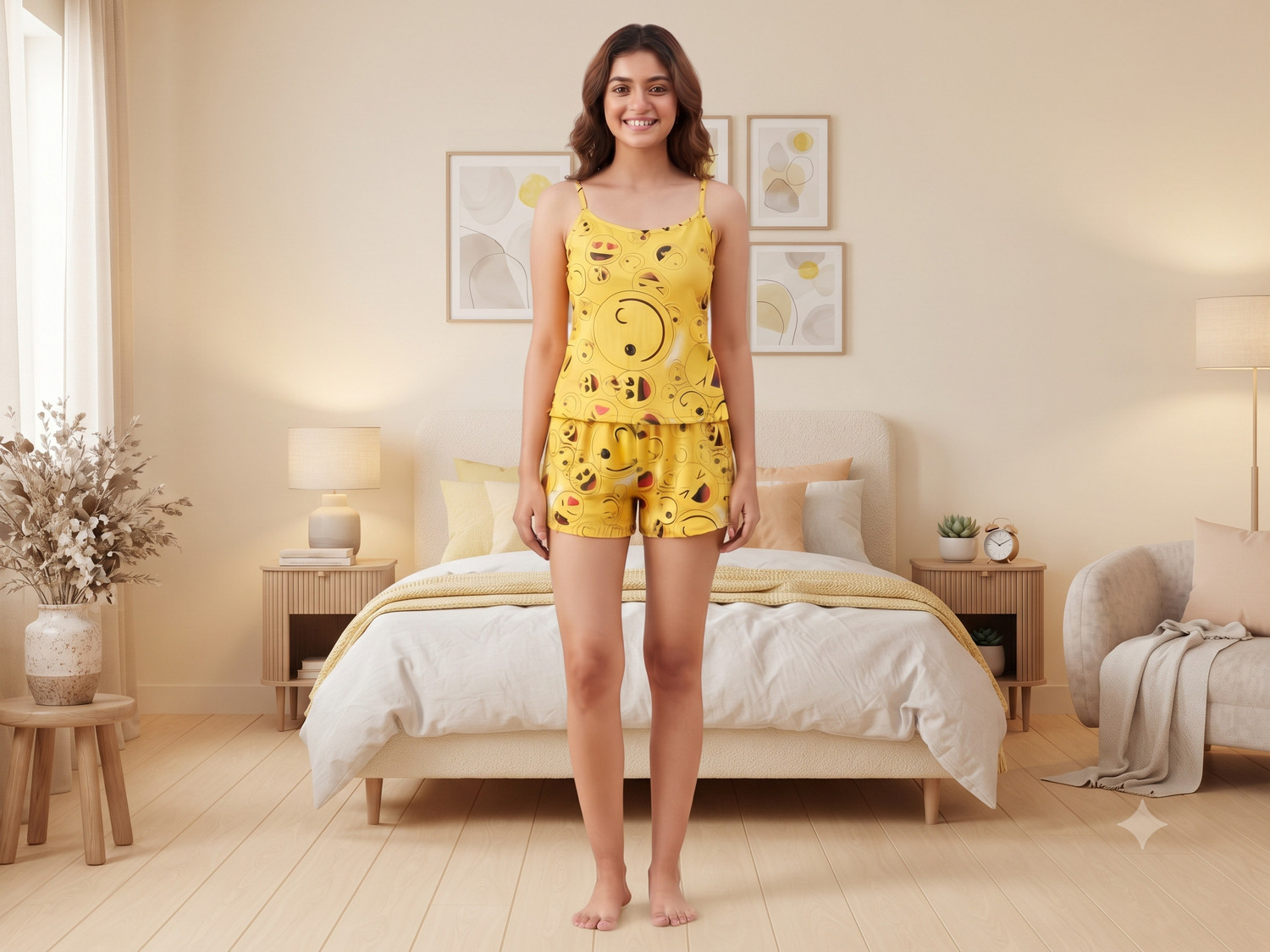 tfv Women Top & Shorts Set Yellow Characters