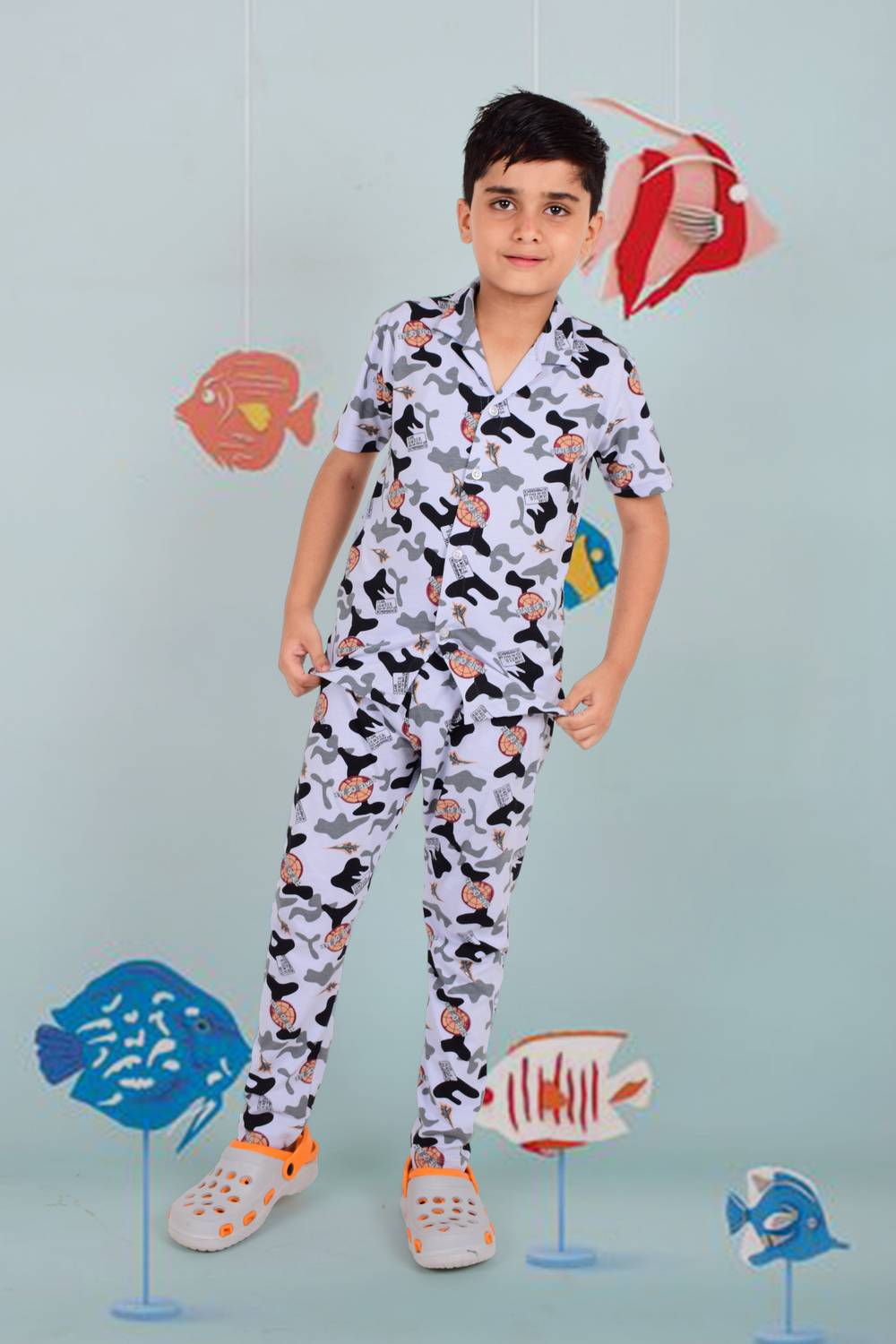 3BROS Boys Printed Purple, Black Night Suit Set
