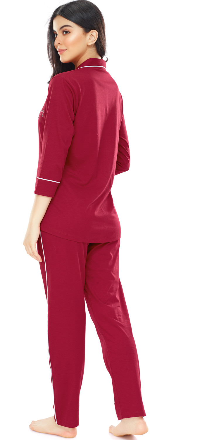 Image of ZEYO Women Solid Red Shirt & Pyjama set