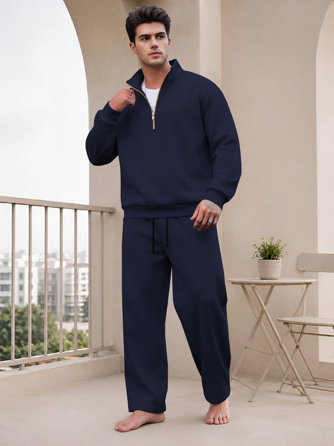 Image of SPECTATOR Men Solid Dark Blue Night Suit Set